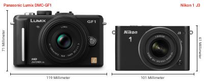 Größenvergleich: Panasonic Lumix DMC-GF1 vs. Nikon 1 J3 Größenvergleich: Panasonic Lumix DMC-GF1 vs. Nikon 1 J3