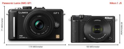Größenvergleich: Panasonic Lumix DMC-GF1 vs. Nikon 1 J5 Größenvergleich: Panasonic Lumix DMC-GF1 vs. Nikon 1 J5