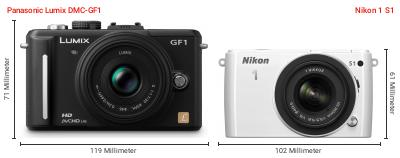 Größenvergleich: Panasonic Lumix DMC-GF1 vs. Nikon 1 S1 Größenvergleich: Panasonic Lumix DMC-GF1 vs. Nikon 1 S1