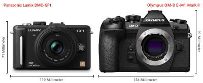 Größenvergleich: Panasonic Lumix DMC-GF1 vs. OM System OM-D E-M1 Mark II Größenvergleich: Panasonic Lumix DMC-GF1 vs. OM System OM-D E-M1 Mark II