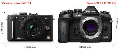 Größenvergleich: Panasonic Lumix DMC-GF1 vs. OM System OM-D E-M1 Mark III