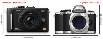 Größenvergleich: Panasonic Lumix DMC-GF1 vs. OM System OM-D E-M10 Größenvergleich: Panasonic Lumix DMC-GF1 vs. OM System OM-D E-M10