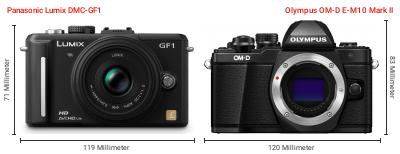 Größenvergleich: Panasonic Lumix DMC-GF1 vs. OM System OM-D E-M10 Mark II Größenvergleich: Panasonic Lumix DMC-GF1 vs. OM System OM-D E-M10 Mark II