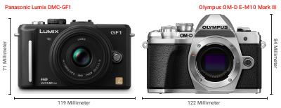 Größenvergleich: Panasonic Lumix DMC-GF1 vs. OM System OM-D E-M10 Mark III Größenvergleich: Panasonic Lumix DMC-GF1 vs. OM System OM-D E-M10 Mark III