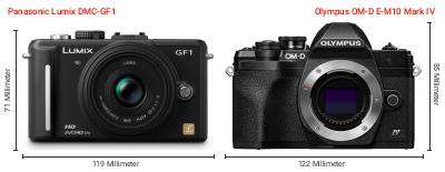 Größenvergleich: Panasonic Lumix DMC-GF1 vs. OM System OM-D E-M10 Mark IV Größenvergleich: Panasonic Lumix DMC-GF1 vs. OM System OM-D E-M10 Mark IV