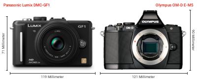 Größenvergleich: Panasonic Lumix DMC-GF1 vs. OM System OM-D E-M5 Größenvergleich: Panasonic Lumix DMC-GF1 vs. OM System OM-D E-M5