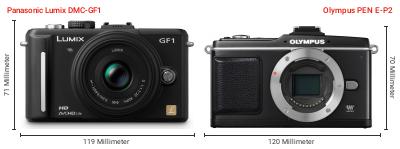 Größenvergleich: Panasonic Lumix DMC-GF1 vs. OM System PEN E-P2 Größenvergleich: Panasonic Lumix DMC-GF1 vs. OM System PEN E-P2