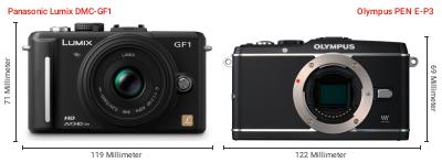 Größenvergleich: Panasonic Lumix DMC-GF1 vs. OM System PEN E-P3 Größenvergleich: Panasonic Lumix DMC-GF1 vs. OM System PEN E-P3