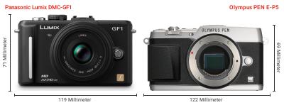 Größenvergleich: Panasonic Lumix DMC-GF1 vs. OM System PEN E-P5 Größenvergleich: Panasonic Lumix DMC-GF1 vs. OM System PEN E-P5