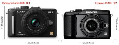 Größenvergleich: Panasonic Lumix DMC-GF1 vs. OM System PEN E-PL2 Größenvergleich: Panasonic Lumix DMC-GF1 vs. OM System PEN E-PL2