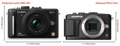 Größenvergleich: Panasonic Lumix DMC-GF1 vs. OM System PEN E-PL6 Größenvergleich: Panasonic Lumix DMC-GF1 vs. OM System PEN E-PL6