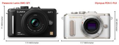 Größenvergleich: Panasonic Lumix DMC-GF1 vs. OM System PEN E-PL8 Größenvergleich: Panasonic Lumix DMC-GF1 vs. OM System PEN E-PL8