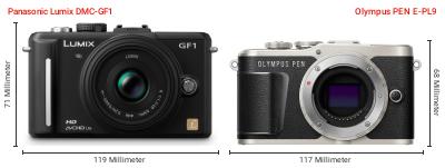 Größenvergleich: Panasonic Lumix DMC-GF1 vs. OM System PEN E-PL9 Größenvergleich: Panasonic Lumix DMC-GF1 vs. OM System PEN E-PL9