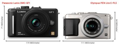 Größenvergleich: Panasonic Lumix DMC-GF1 vs. OM System PEN Lite E-PL5 Größenvergleich: Panasonic Lumix DMC-GF1 vs. OM System PEN Lite E-PL5