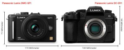 Größenvergleich: Panasonic Lumix DMC-GF1 vs. Panasonic Lumix DC-G91 Größenvergleich: Panasonic Lumix DMC-GF1 vs. Panasonic Lumix DC-G91