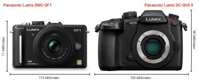 Größenvergleich: Panasonic Lumix DMC-GF1 vs. Panasonic Lumix DC-GH5 II Größenvergleich: Panasonic Lumix DMC-GF1 vs. Panasonic Lumix DC-GH5 II