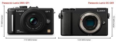 Größenvergleich: Panasonic Lumix DMC-GF1 vs. Panasonic Lumix DC-GX9 Größenvergleich: Panasonic Lumix DMC-GF1 vs. Panasonic Lumix DC-GX9