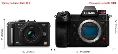 Größenvergleich: Panasonic Lumix DMC-GF1 vs. Panasonic Lumix DC-S1H Größenvergleich: Panasonic Lumix DMC-GF1 vs. Panasonic Lumix DC-S1H