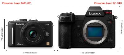 Größenvergleich: Panasonic Lumix DMC-GF1 vs. Panasonic Lumix DC-S1R Größenvergleich: Panasonic Lumix DMC-GF1 vs. Panasonic Lumix DC-S1R