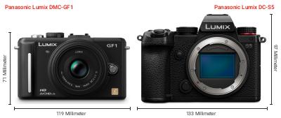 Größenvergleich: Panasonic Lumix DMC-GF1 vs. Panasonic Lumix DC-S5 Größenvergleich: Panasonic Lumix DMC-GF1 vs. Panasonic Lumix DC-S5