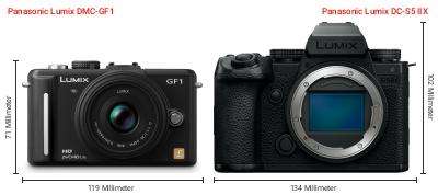 Größenvergleich: Panasonic Lumix DMC-GF1 vs. Panasonic Lumix DC-S5 IIX Größenvergleich: Panasonic Lumix DMC-GF1 vs. Panasonic Lumix DC-S5 IIX
