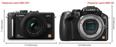 Größenvergleich: Panasonic Lumix DMC-GF1 vs. Panasonic Lumix DMC-G5 Größenvergleich: Panasonic Lumix DMC-GF1 vs. Panasonic Lumix DMC-G5