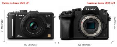 Größenvergleich: Panasonic Lumix DMC-GF1 vs. Panasonic Lumix DMC-G70 Größenvergleich: Panasonic Lumix DMC-GF1 vs. Panasonic Lumix DMC-G70