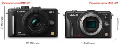 Größenvergleich: Panasonic Lumix DMC-GF1 vs. Panasonic Lumix DMC-GF2 Größenvergleich: Panasonic Lumix DMC-GF1 vs. Panasonic Lumix DMC-GF2