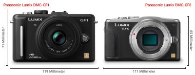 Größenvergleich: Panasonic Lumix DMC-GF1 vs. Panasonic Lumix DMC-GF6 Größenvergleich: Panasonic Lumix DMC-GF1 vs. Panasonic Lumix DMC-GF6