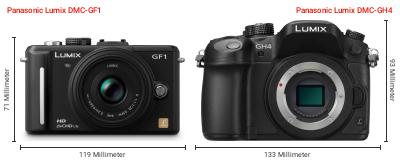 Größenvergleich: Panasonic Lumix DMC-GF1 vs. Panasonic Lumix DMC-GH4 Größenvergleich: Panasonic Lumix DMC-GF1 vs. Panasonic Lumix DMC-GH4