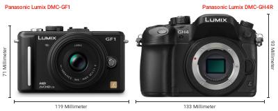 Größenvergleich: Panasonic Lumix DMC-GF1 vs. Panasonic Lumix DMC-GH4R Größenvergleich: Panasonic Lumix DMC-GF1 vs. Panasonic Lumix DMC-GH4R