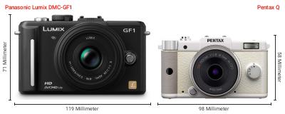 Größenvergleich: Panasonic Lumix DMC-GF1 vs. Pentax Q Größenvergleich: Panasonic Lumix DMC-GF1 vs. Pentax Q