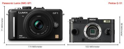 Größenvergleich: Panasonic Lumix DMC-GF1 vs. Pentax Q-S1 Größenvergleich: Panasonic Lumix DMC-GF1 vs. Pentax Q-S1
