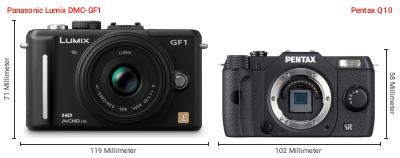 Größenvergleich: Panasonic Lumix DMC-GF1 vs. Pentax Q10 Größenvergleich: Panasonic Lumix DMC-GF1 vs. Pentax Q10