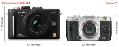 Größenvergleich: Panasonic Lumix DMC-GF1 vs. Pentax Q7 Größenvergleich: Panasonic Lumix DMC-GF1 vs. Pentax Q7