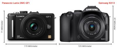 Größenvergleich: Panasonic Lumix DMC-GF1 vs. Samsung NX10 Größenvergleich: Panasonic Lumix DMC-GF1 vs. Samsung NX10