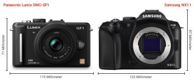 Größenvergleich: Panasonic Lumix DMC-GF1 vs. Samsung NX11 Größenvergleich: Panasonic Lumix DMC-GF1 vs. Samsung NX11