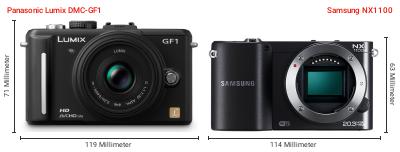 Größenvergleich: Panasonic Lumix DMC-GF1 vs. Samsung NX1100 Größenvergleich: Panasonic Lumix DMC-GF1 vs. Samsung NX1100