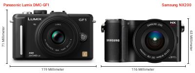 Größenvergleich: Panasonic Lumix DMC-GF1 vs. Samsung NX200 Größenvergleich: Panasonic Lumix DMC-GF1 vs. Samsung NX200