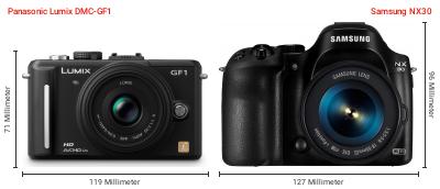 Größenvergleich: Panasonic Lumix DMC-GF1 vs. Samsung NX30 Größenvergleich: Panasonic Lumix DMC-GF1 vs. Samsung NX30