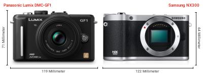 Größenvergleich: Panasonic Lumix DMC-GF1 vs. Samsung NX300 Größenvergleich: Panasonic Lumix DMC-GF1 vs. Samsung NX300