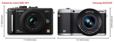 Größenvergleich: Panasonic Lumix DMC-GF1 vs. Samsung NX300M Größenvergleich: Panasonic Lumix DMC-GF1 vs. Samsung NX300M