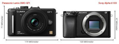 Größenvergleich: Panasonic Lumix DMC-GF1 vs. Sony Alpha 6100 Größenvergleich: Panasonic Lumix DMC-GF1 vs. Sony Alpha 6100