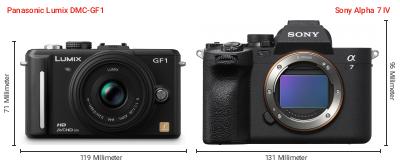 Größenvergleich: Panasonic Lumix DMC-GF1 vs. Sony Alpha 7 IV Größenvergleich: Panasonic Lumix DMC-GF1 vs. Sony Alpha 7 IV