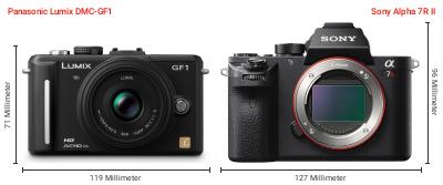 Größenvergleich: Panasonic Lumix DMC-GF1 vs. Sony Alpha 7R II Größenvergleich: Panasonic Lumix DMC-GF1 vs. Sony Alpha 7R II