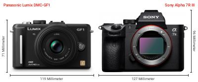 Größenvergleich: Panasonic Lumix DMC-GF1 vs. Sony Alpha 7R III Größenvergleich: Panasonic Lumix DMC-GF1 vs. Sony Alpha 7R III