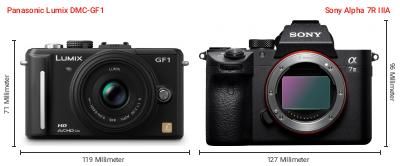 Größenvergleich: Panasonic Lumix DMC-GF1 vs. Sony Alpha 7R IIIA Größenvergleich: Panasonic Lumix DMC-GF1 vs. Sony Alpha 7R IIIA