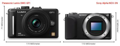 Größenvergleich: Panasonic Lumix DMC-GF1 vs. Sony Alpha NEX-3N Größenvergleich: Panasonic Lumix DMC-GF1 vs. Sony Alpha NEX-3N