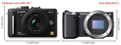 Größenvergleich: Panasonic Lumix DMC-GF1 vs. Sony Alpha NEX-5 Größenvergleich: Panasonic Lumix DMC-GF1 vs. Sony Alpha NEX-5