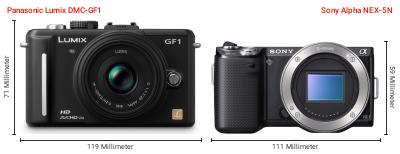 Größenvergleich: Panasonic Lumix DMC-GF1 vs. Sony Alpha NEX-5N Größenvergleich: Panasonic Lumix DMC-GF1 vs. Sony Alpha NEX-5N
